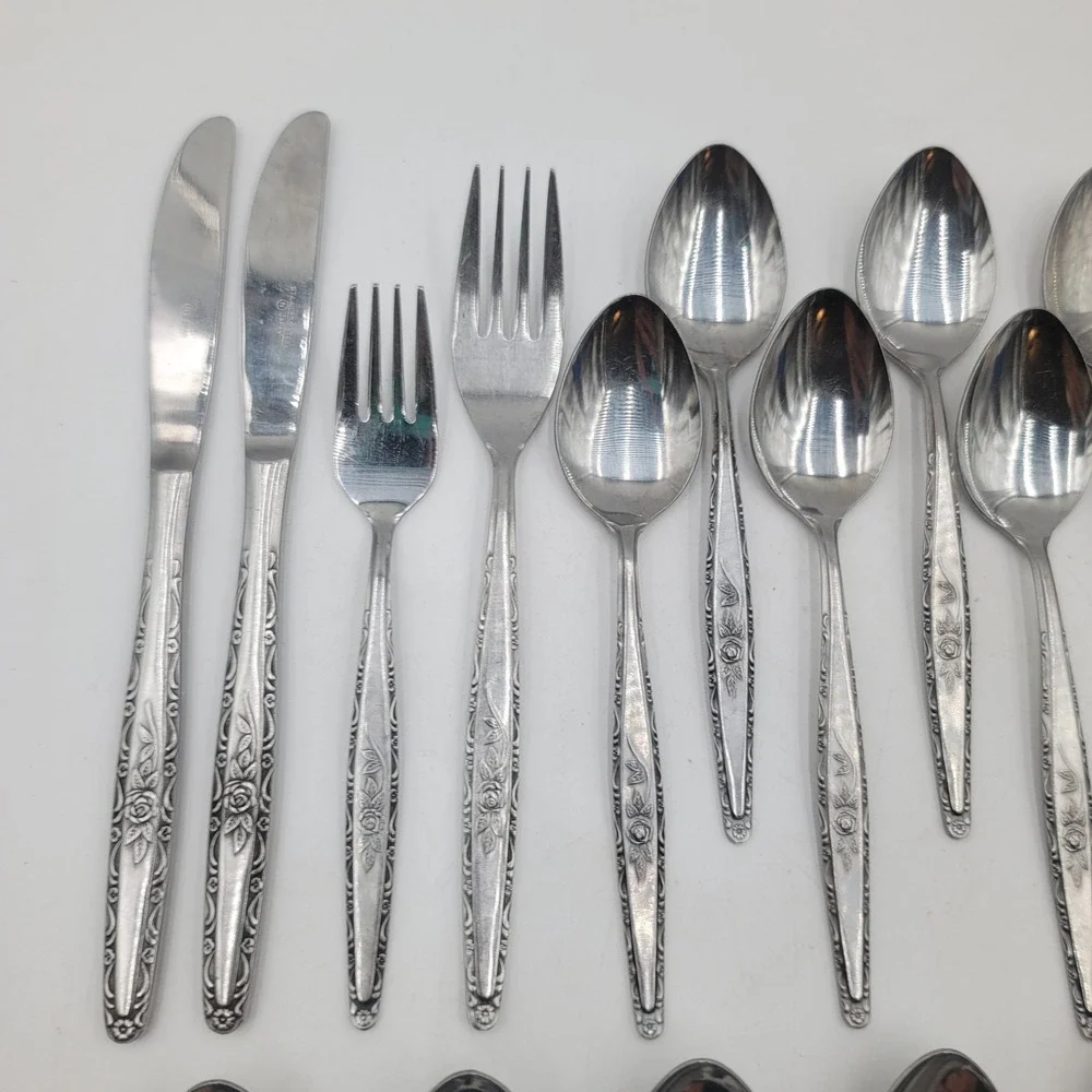37pc SYF2 Japan Stainless Flatware Set Floral Rose Teaspoons Knives Forks